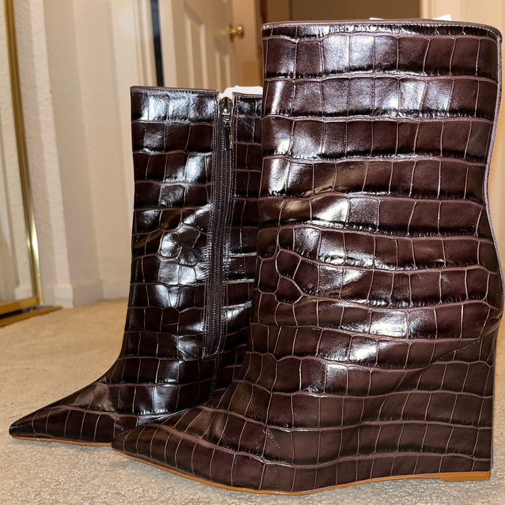 Asya Croc-Embossed Leather Short Wedge Boots